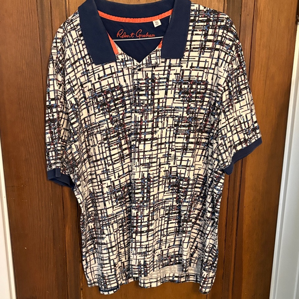 Robert Graham Navy & Cream Graphic Grid Polo with Coral Trim
